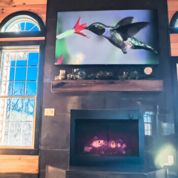 A cozy room with a fireplace and a hummingbird art piece above it.